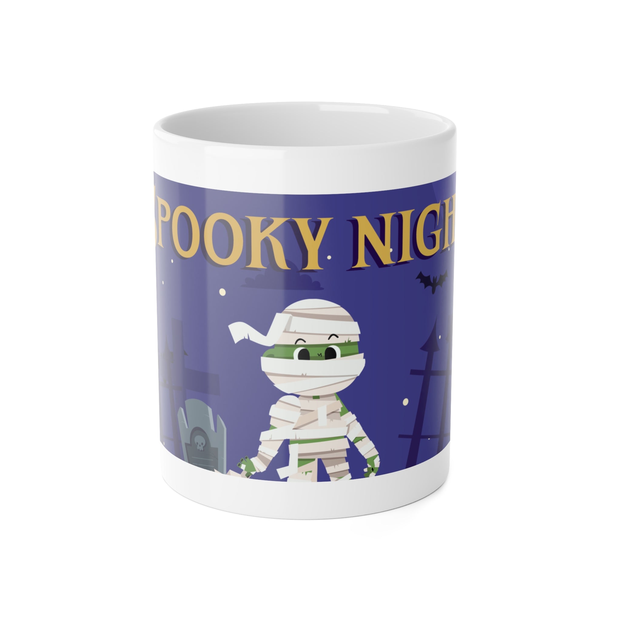 Spooky Night Mummy | Halloween Graveyard Scene with Full Moon | White Ceramic Mug